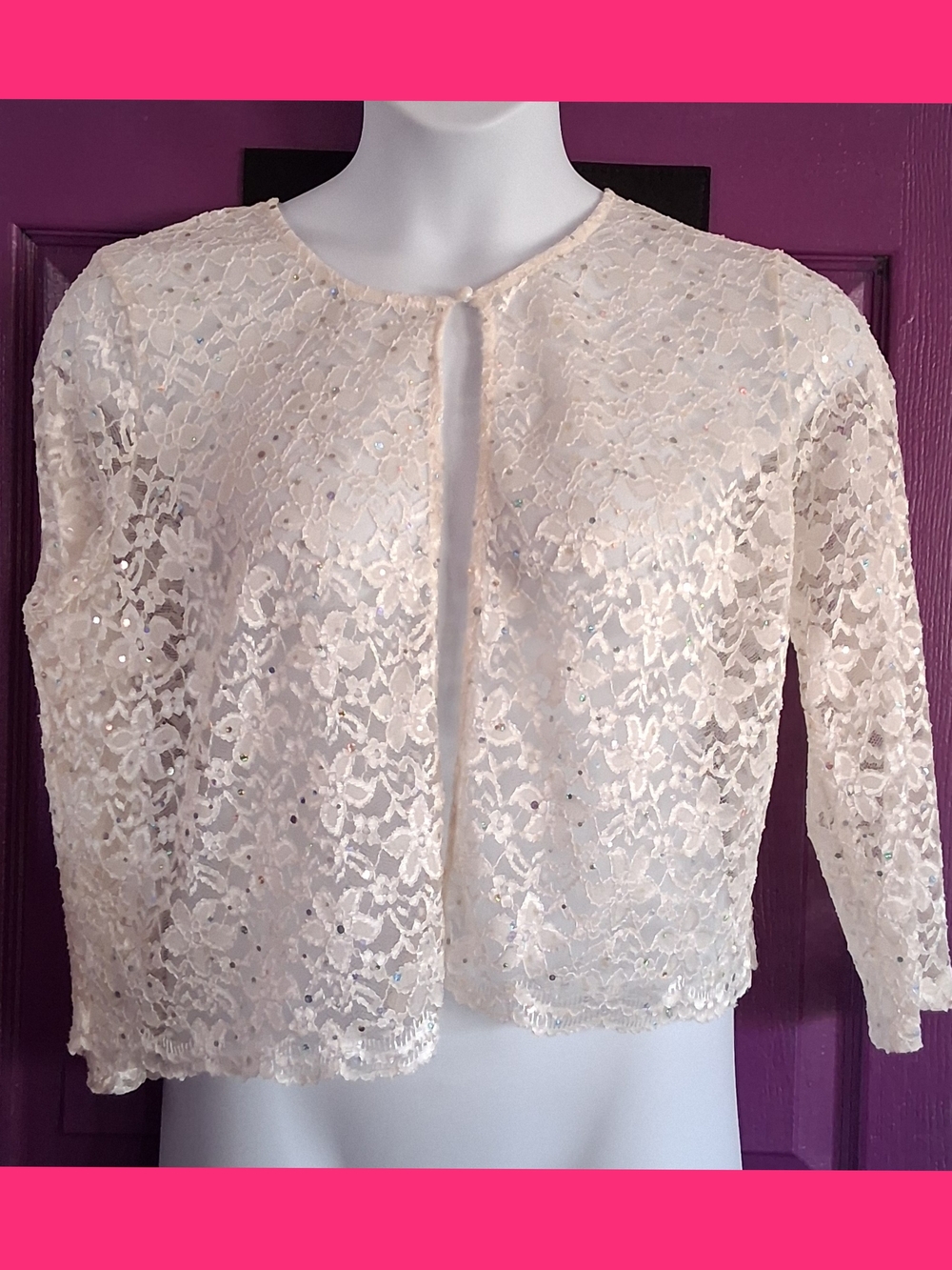 Women's Cream Lace Sequined Cropped Cardigan